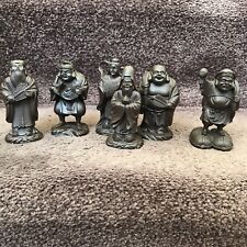 Vtg. Seven Lucky Gods of Good Fortune Wood Figurine set Of 6 4” Tall picture