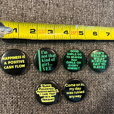 Lot of ( 6 ) Vintage 1980's Novelty Pinback Buttons Humor Neon Yellow Green picture