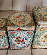 SET 4 CANISTERS, antique Flora embossed painted tins, Holland.  VERY GOOD picture