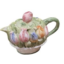 Vintage Ceramic Tulips in a Basket Teapot Handcrafted Colorful  picture