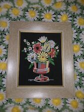 VINTAGE 1960'S - 70'S MID CENTURY VELVET Painted FLORAL WALL HANGING  picture