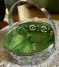 Depression Glass - Vintage Clear Green - Divided Serving Dish - Metal Holder picture