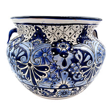 Talavera Pottery Planter Mexican Ceramic Flower Pot X Large Blue White 18in picture