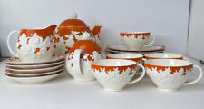 Moriyama Mori-machi Japanese Vintage Hand Painted Orange Floral Teapot Cups More picture