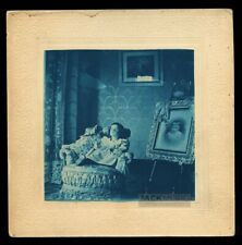 Unusual c1900 Photo BLUE Cyanotype Blind (?) Girl & Memorial Portrait of Brother picture