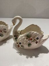 Vintage 2 Lefton Porcelain Pink & Blue Flower Swan Trinket Dish - Marked 2770 IL picture
