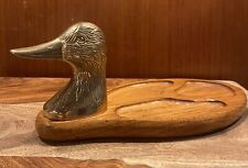 MCM Vintage Brass Duck and Oak Wood Valet Dresser Or Desk Tray Father Day picture