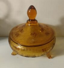 Beautiful Vintage Amber Etched Depression Glass Pedestal Covered Candy Dish picture