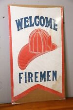 Vintage fireman helmet Welcome Sign cloth banner 1940s fire station flag antique picture