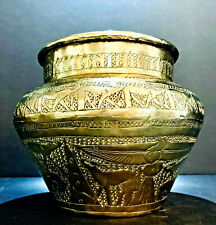 Antique Hand Tooled Solid Brass Egyptian Revival Cache Pot Planter     picture