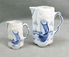 Vintage COBALT Blue & White SAILBOAT Pitcher CREAMERS Lot of 2 picture