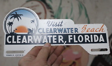 1950s VISIT CLEARWATER BEACH FLORIDA PAINTED METAL TOPPER SIGN CAR GAS PALM TREE picture