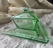 Vintage Art Deco New Martinsville green glass dresser tray & Powder Dish  READ picture