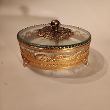 DEPRESSION GLASS METAL HOLLYWOOD REGENCY ORMALOU 3-PART COVERED DRESSER DISH picture