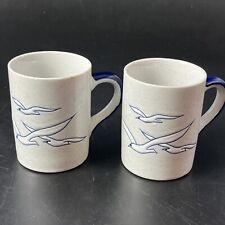 2 Vintage Otagiri Seagulls Nautical Birds Speckled Stoneware Mug Set White Blue picture