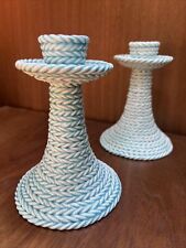 Trompe l'Oeil Italian Ceramic Crotched Pattern Blue & White Candle Holders Pair picture