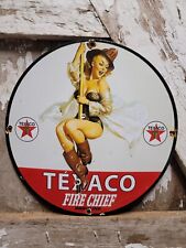 VINTAGE TEXACO PORCELAIN SIGN OLD FIRE CHIEF WOMAN GIRL FIREMAN TEXAS GAS CO. picture