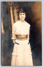 Self Portrait of Woman in Floral Dress Real Photo Postcard RPPC picture