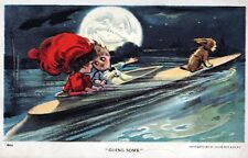 Couple And Dog On Boat Going Home Under A Smiling Moon Postcard - 1918 picture