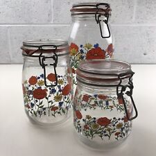 Vintage France Arc Poppy Flowers GLASS CANISTER JARS - 3 Piece Set - MUST SEE picture