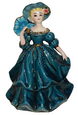 Vintage Lefton #4232 Fancy Lady in Deep Blue Gown Twirling Umbrells Figurine picture