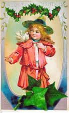 Antique Postcard A Joyful Christmas, Child with Dove Holly Embossed  1900's picture