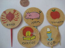 Vintage hand painted appetizer TOOTHPICK SET egg ham cheese mid century folk art picture