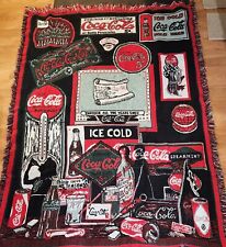 Vintage Coca Cola Advertisement Afghan Throw Blanket Tapestry Fringes VTG 64x46