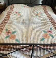 Vintage Cream Floral Chenille Bedspread 92 x 108” King Granny Blanket See Hole picture