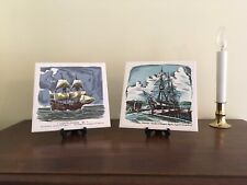 Vintage PAIR of Nautical  Ceramic TILES THE MAYFLOWER & WHALING SHIP Blue & Aqua picture