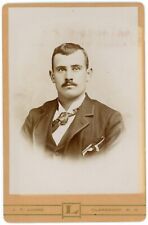 CIRCA 1890'S CABINET CARD Handsome Young Man  Mustache Suit Locke Claremont NH picture