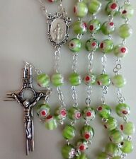Catholic Green Red Murano Millefiori Glass 5 Decade Rosary Silver Tone Crucifix picture