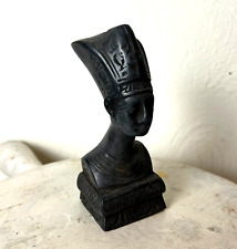 Vintage Basalt Stone Queen Nefertiti Bust Figurine Egypt Hieroglyphics Black picture