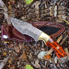 Customized Hand Made Damascus Steel Hunting Knife With Orange Micarta Handle picture