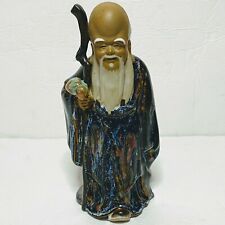Chinese Figurine Old Mud Man w/ Stick Longevity Ceramic Art Pottery picture