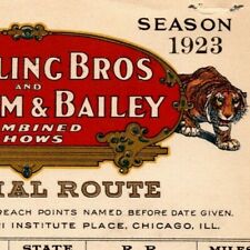 Scarce 1923 Ringling Bros. B&B Circus Route Card Trnton Newark Scranton Easton picture