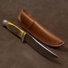 Kissing Crane Small Real Amber Bone Premium Hunter Bowie Knife w/Leather Sheath picture