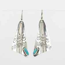 Native American Sterling Silver Turquoise Stampwork Earrings Fish Hook, Dangle picture
