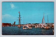 Mystic CT-Connecticut, Boats in Mystic River, Antique Vintage Souvenir Postcard picture
