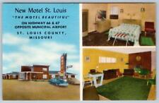 1940's ROUTE 66 NEW MOTEL ST LOUIS 3 VIEWS OLD CARS MCM BEDROOM LINEN POSTCARD picture