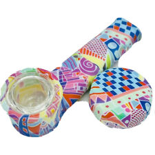 Silicone Smoking Pipe with Glass Bowl & Cap Lid | Geometric Pastel picture