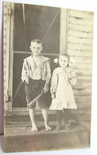 1908-12 REAL PHOTO POSTCARD RPPC Of 2 Children With Fishing Poles And Club picture