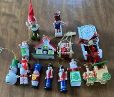 Lot Of 13 Vintage Christmas Ornaments Wooden Santa Claus Tree Wood Holidays MCM picture