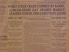VINTAGE NEWSPAPER HEADLINE~NEW YORK WALL STREET NY STOCK MARKET BANKS CRASH 1929 picture