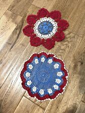 Vintage American Flag Star Round Doily Red white blue Hand Crochet Patriotic picture