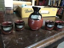 5 Piece Set Kafuh Japan Ceramic Brown on Glossy Black Saki Pitcher and Cups picture
