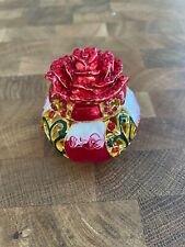 Red Rose Hand Painted Bejeweled Round Hinged Trinket Jewelry Box picture