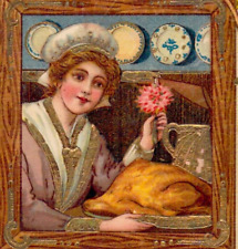Woman Presenting Turkey Dinner Pumpkin Pots Thanksgiving Day Vintage Postcard A3 picture