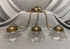 Vintage Brass & Iridescent Glass Triple Swag 3 Light Pendant Fleur De Lis Vanity picture