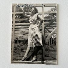 Vintage B&W Snapshot Photograph Beautiful Young Woman Beatrice Checkered Dress picture